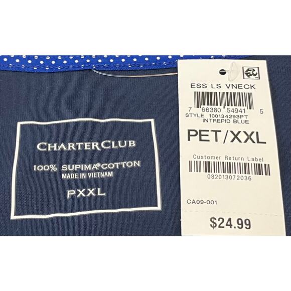 CHARTER CLUB LONG SLEEVE V-NECK TOP, INTREPID (NAVY) BLUE, PET/XXL, CASUAL, NWT - Picture 8 of 11